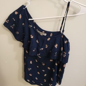 Off the shoulder/One shoulder floral navy top